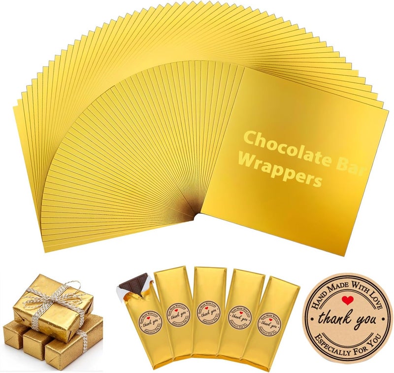 XPMBF Chocolate Bar Wrappers Gold Foil Sheets Candy Bar Wrappers, with Thick Paper Backing Foil Sheets for Food DIY Candies Wrapping Packing Gifts Coated waterproofs with 105Pcs Handmade Stickers - Image 1